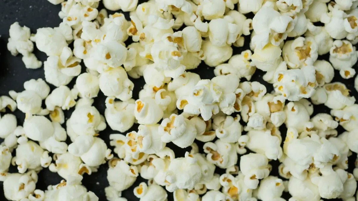 A bowl of plain popcorn sitting on the floor next to a golden retriever