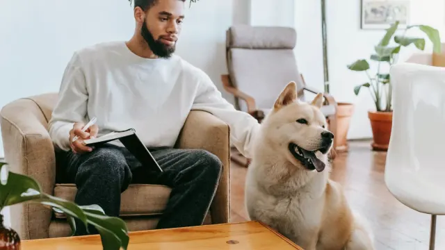 A dog owner kneeling to calm a nervous dog in a veterinary waiting room