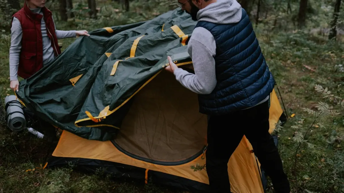 A dog sitting beside a partially set-up tent at a wooded campsite