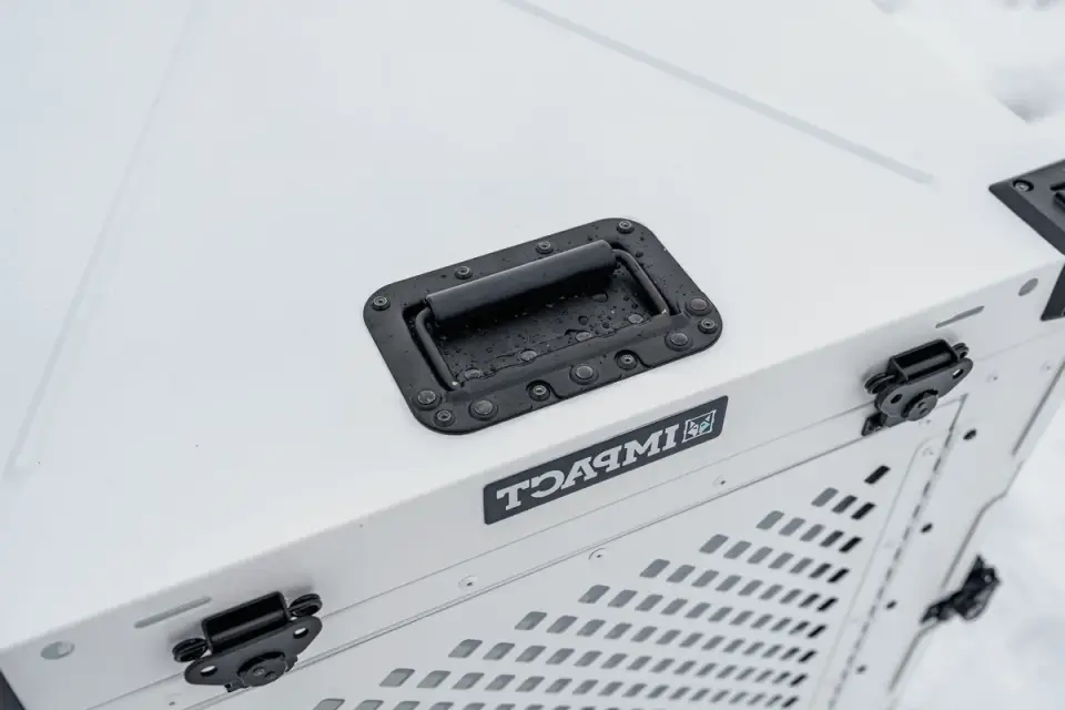 A hard-sided dog crate secured with tie-down straps in a car's cargo area