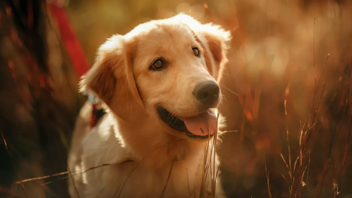 A middle-aged golden retriever standing on grass, weight shifted slightly off one hind leg