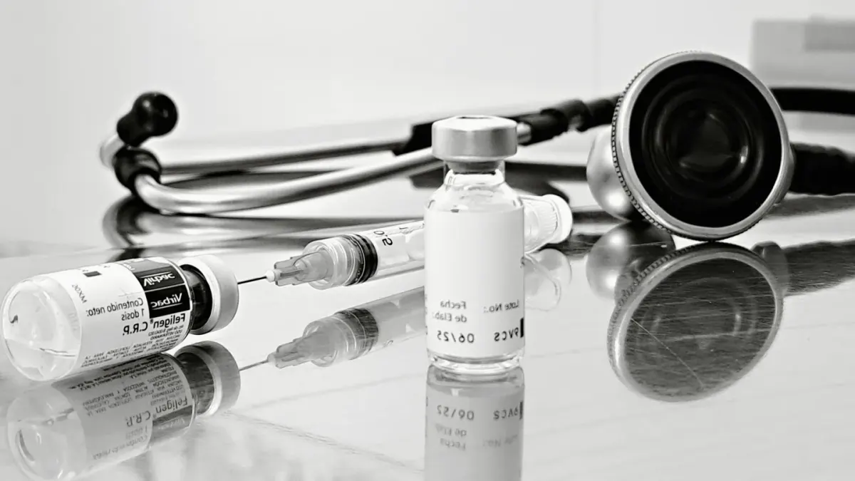 A veterinarian administering a vaccine to a calm dog on an exam table