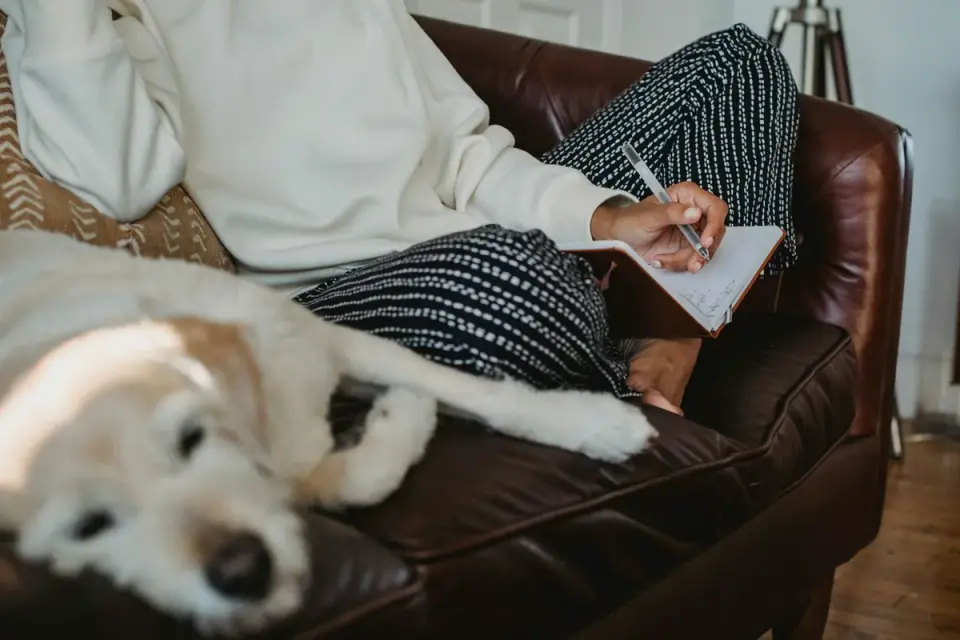An owner writing notes in a notebook beside a sleeping dog on the floor