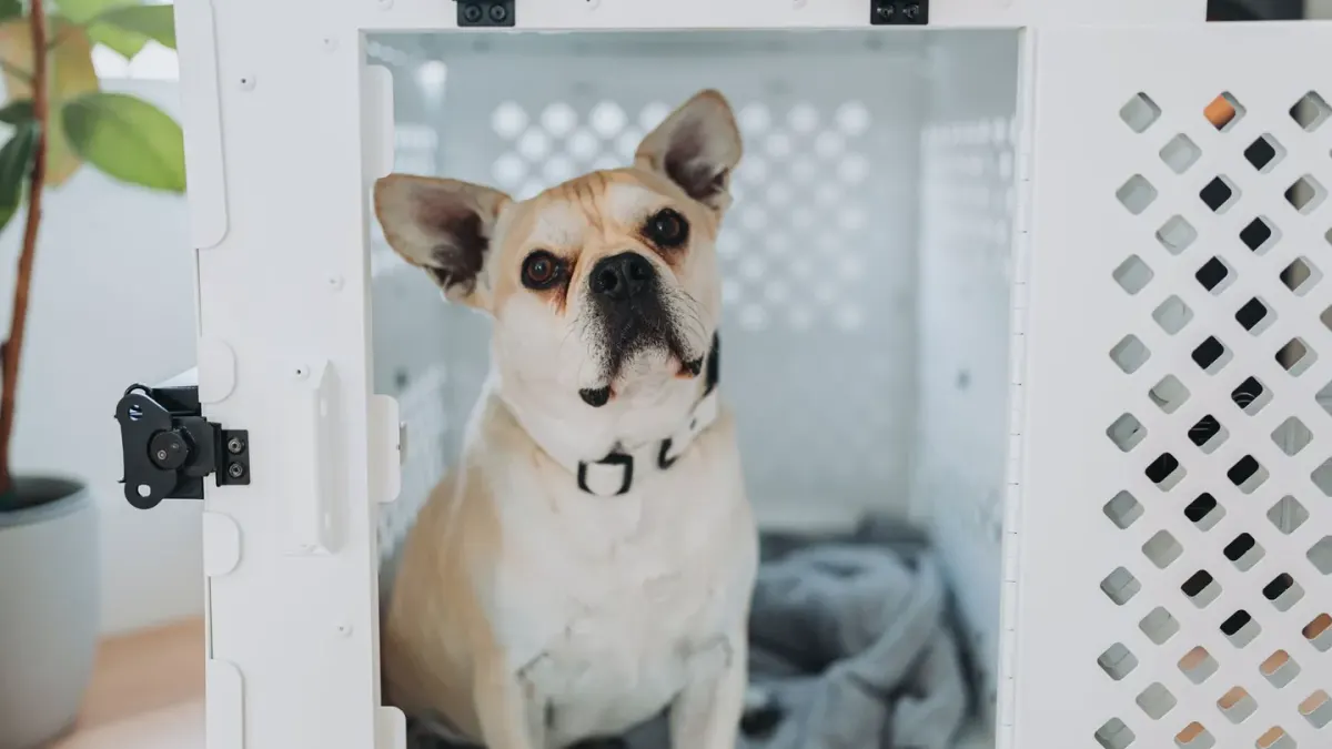 Dog in a travel crate