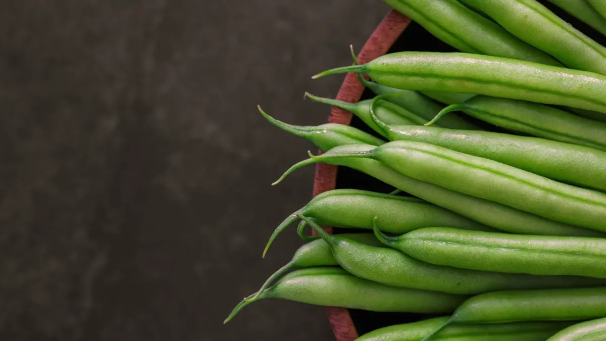 Fresh green beans piled in a bowl beside a measuring scoop