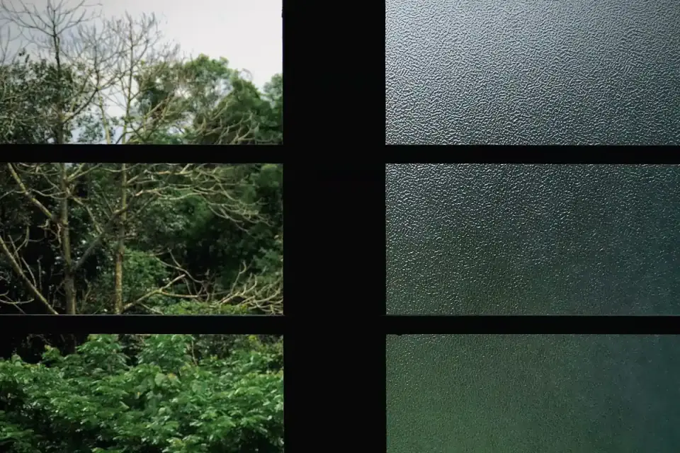 Frosted static cling film applied to the lower half of a home window