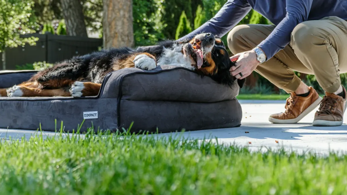 Large-breed senior dog lying on an orthopedic bed