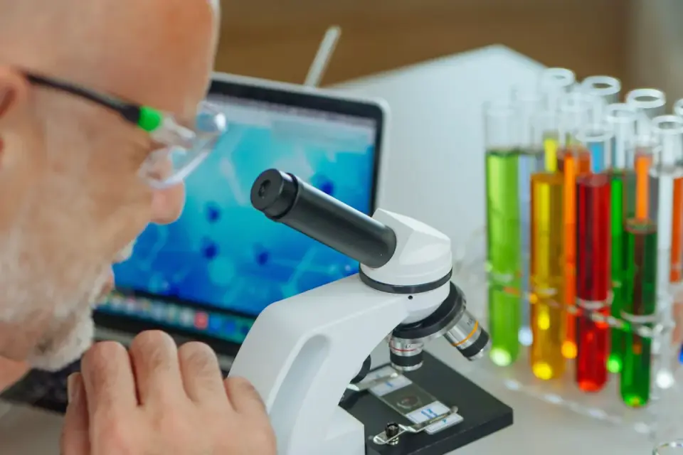 Veterinarian reviewing a blood sample slide in a clinic lab