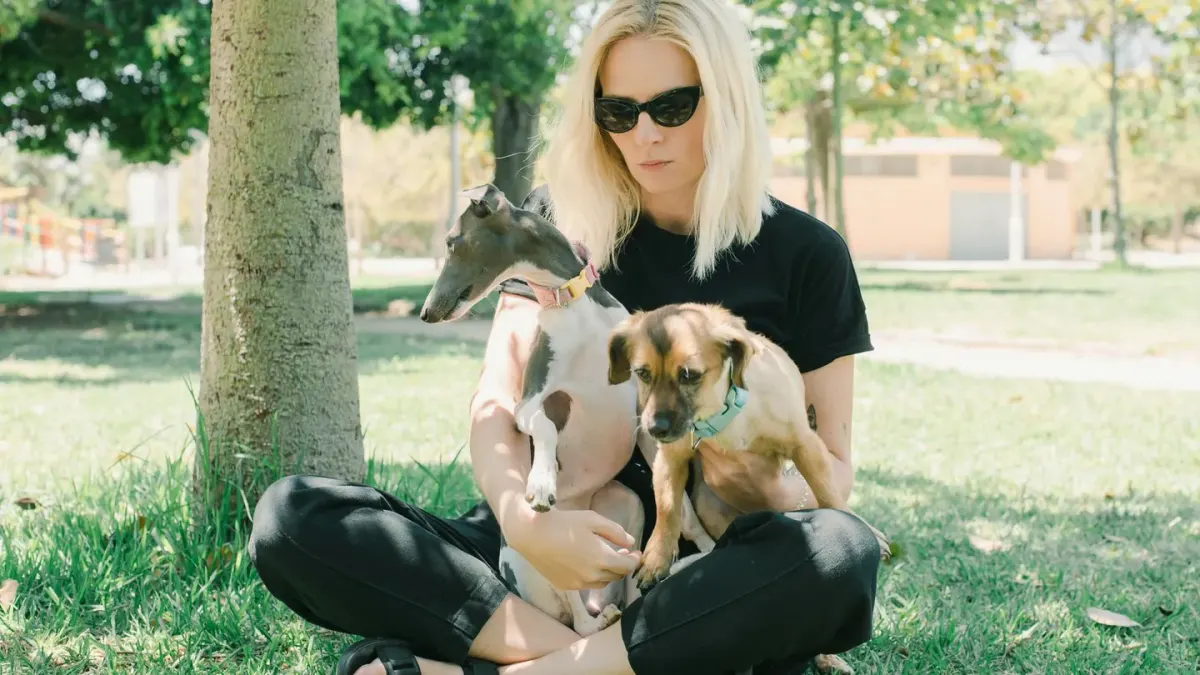 Woman walking two mixed-breed dogs along a suburban sidewalk in morning light